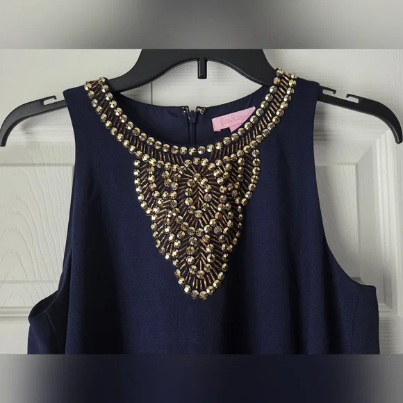 Lilly Pulitzer Navy Blue Embellished Neckline A-Line Trapeze Dress XS. Like new. - Picture 3 of 12